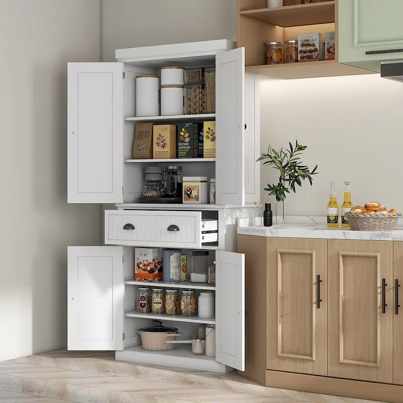 72 Kitchen Pantry Storage Cabinet, Traditional Freestanding Cabinet with 4 Doors and 3 Adjustable Shelves, Large Central Drawer