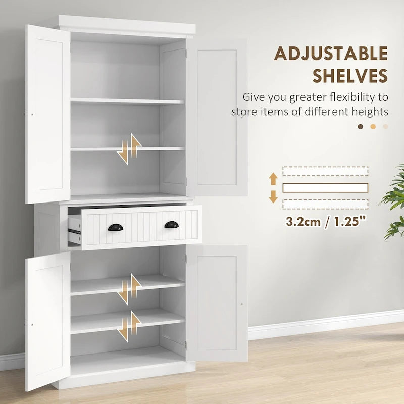 72 Kitchen Pantry Storage Cabinet, Traditional Freestanding Cabinet with 4 Doors and 3 Adjustable Shelves, Large Central Drawer