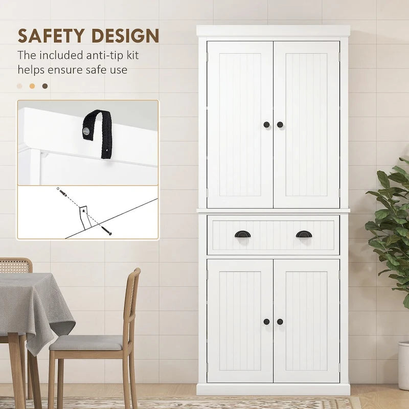 72 Kitchen Pantry Storage Cabinet, Traditional Freestanding Cabinet with 4 Doors and 3 Adjustable Shelves, Large Central Drawer