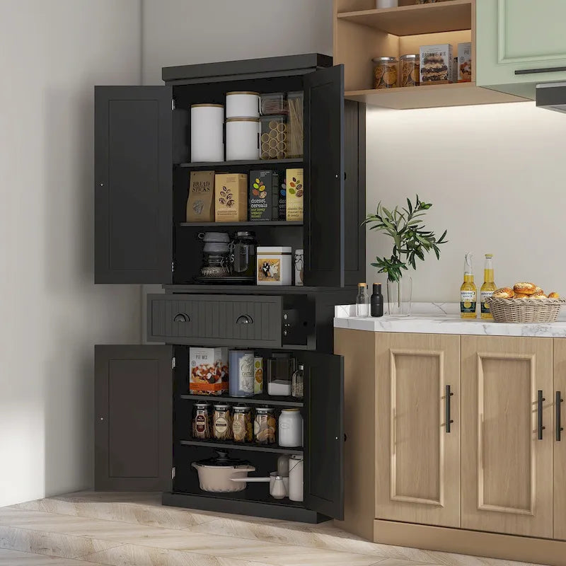 72 Kitchen Pantry Storage Cabinet, Traditional Freestanding Cabinet with 4 Doors and 3 Adjustable Shelves, Large Central Drawer