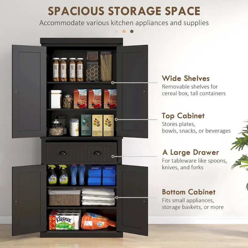 72 Kitchen Pantry Storage Cabinet, Traditional Freestanding Cabinet with 4 Doors and 3 Adjustable Shelves, Large Central Drawer