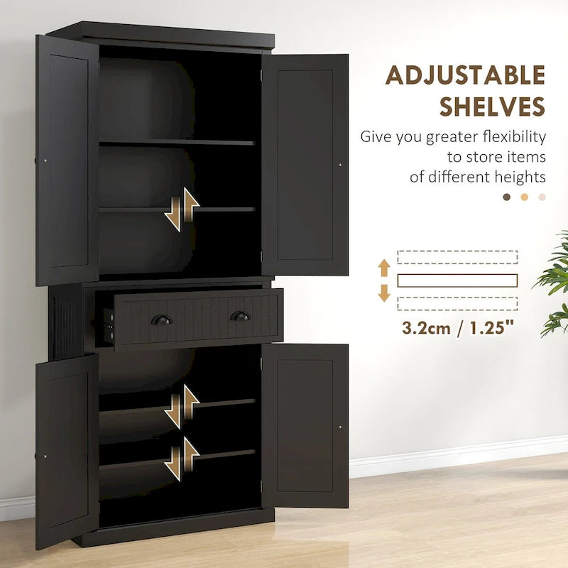 72 Kitchen Pantry Storage Cabinet, Traditional Freestanding Cabinet with 4 Doors and 3 Adjustable Shelves, Large Central Drawer
