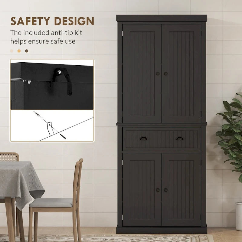 72 Kitchen Pantry Storage Cabinet, Traditional Freestanding Cabinet with 4 Doors and 3 Adjustable Shelves, Large Central Drawer