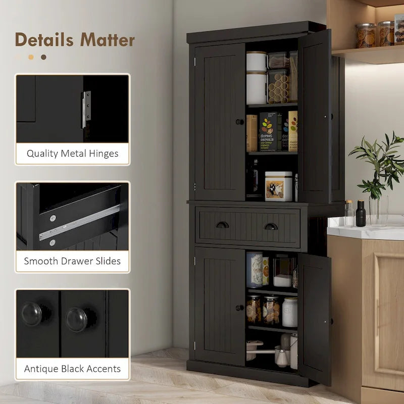 72 Kitchen Pantry Storage Cabinet, Traditional Freestanding Cabinet with 4 Doors and 3 Adjustable Shelves, Large Central Drawer