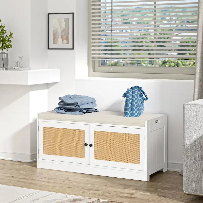 White Shoe Storage Bench for Entryway with Cushion and Adjustable Shelves - 39.8 W x 15.7 D x 18 H