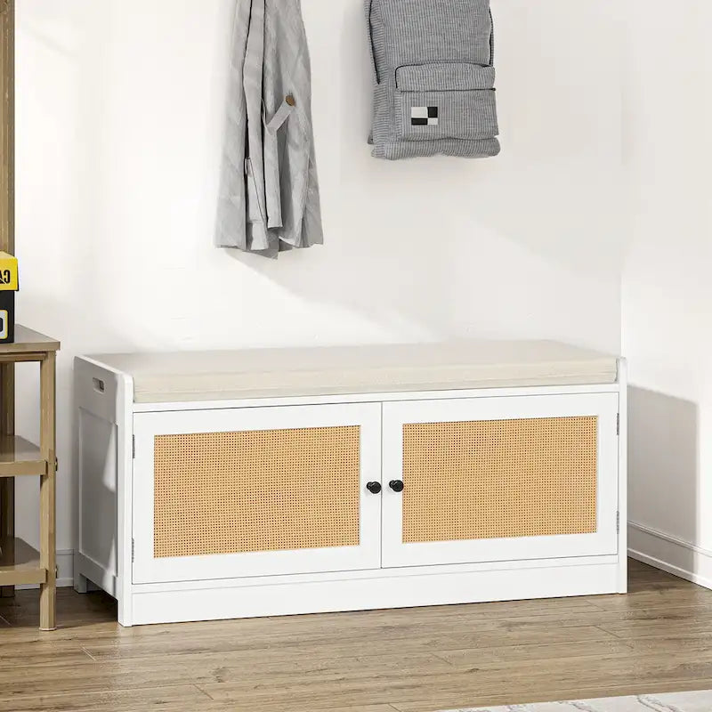 White Shoe Storage Bench for Entryway with Cushion and Adjustable Shelves - 39.8 W x 15.7 D x 18 H