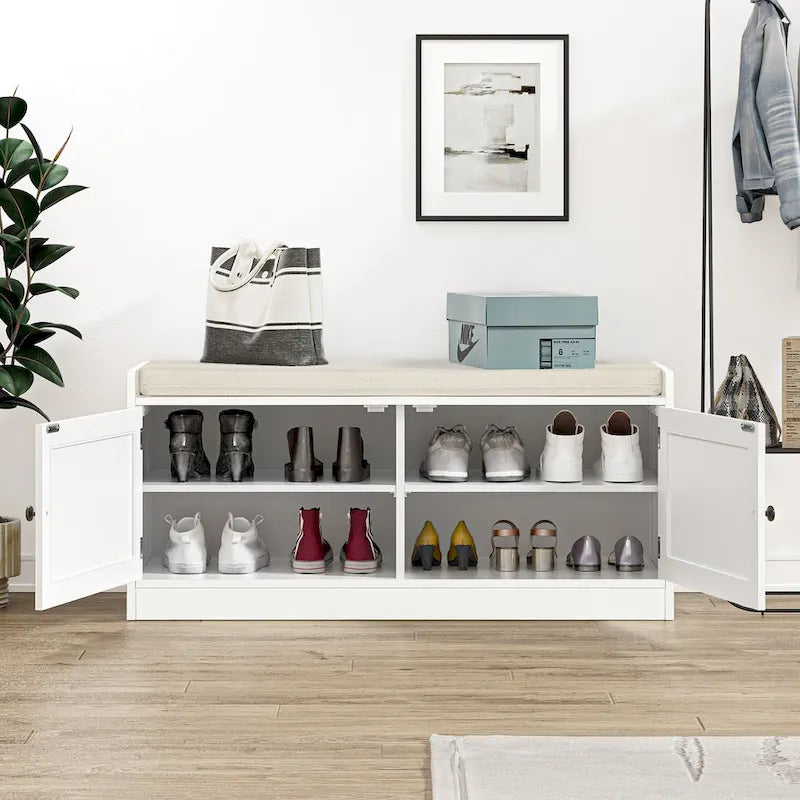 White Shoe Storage Bench for Entryway with Cushion and Adjustable Shelves - 39.8 W x 15.7 D x 18 H