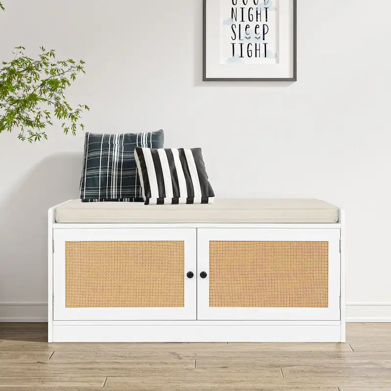White Shoe Storage Bench for Entryway with Cushion and Adjustable Shelves - 39.8 W x 15.7 D x 18 H