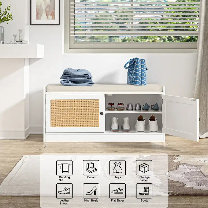 White Shoe Storage Bench for Entryway with Cushion and Adjustable Shelves - 39.8 W x 15.7 D x 18 H