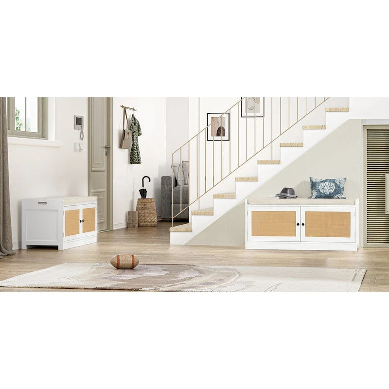 White Shoe Storage Bench for Entryway with Cushion and Adjustable Shelves - 39.8 W x 15.7 D x 18 H