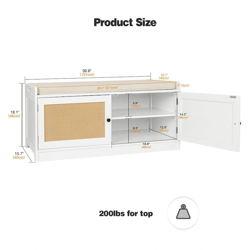 White Shoe Storage Bench for Entryway with Cushion and Adjustable Shelves - 39.8 W x 15.7 D x 18 H