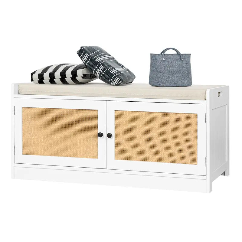 White Shoe Storage Bench for Entryway with Cushion and Adjustable Shelves - 39.8 W x 15.7 D x 18 H