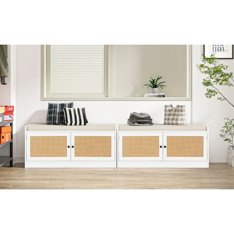 White Shoe Storage Bench for Entryway with Cushion and Adjustable Shelves - 39.8 W x 15.7 D x 18 H