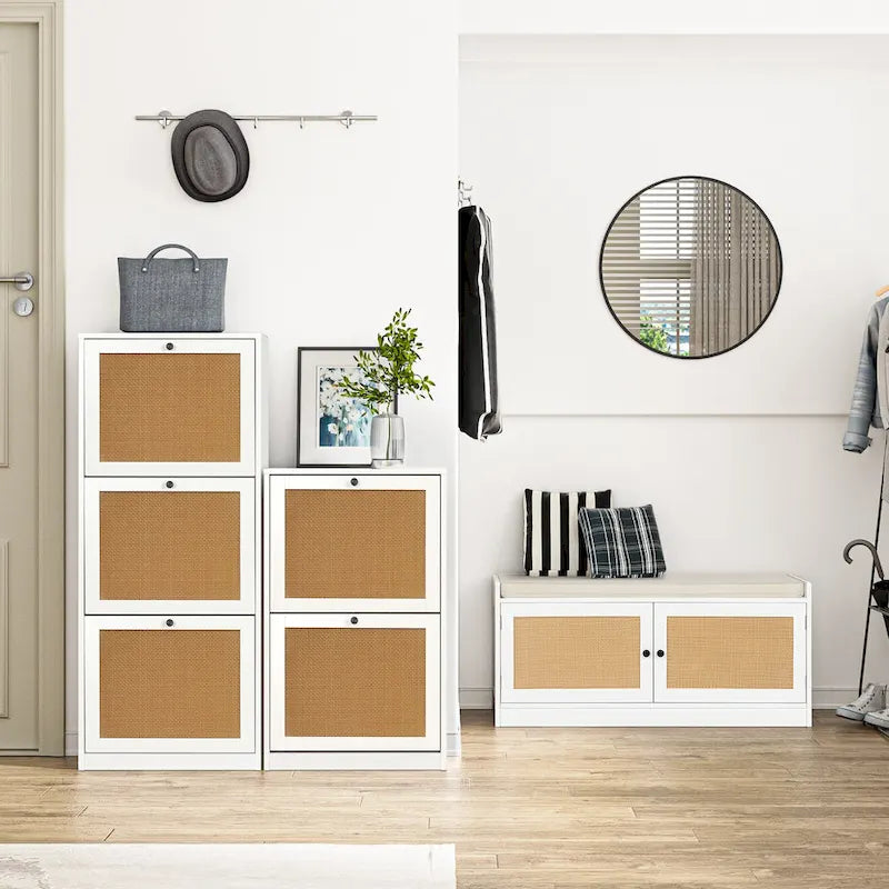 White Shoe Storage Bench for Entryway with Cushion and Adjustable Shelves - 39.8 W x 15.7 D x 18 H