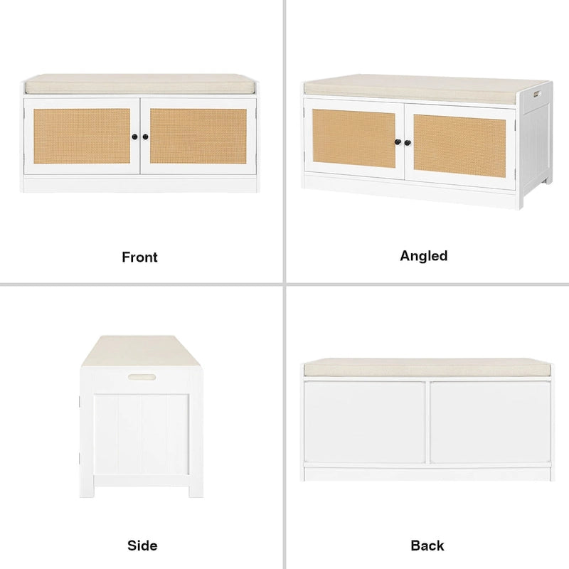 White Shoe Storage Bench for Entryway with Cushion and Adjustable Shelves - 39.8 W x 15.7 D x 18 H