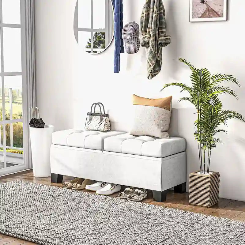 Storage Ottoman Bench, Upholstered End of Bed Bench with Steel Frame, Button Tufted Storage Bench with Safety Hinges