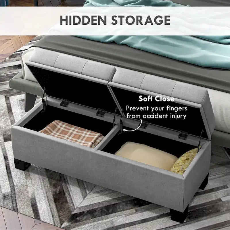 Storage Ottoman Bench, Upholstered End of Bed Bench with Steel Frame, Button Tufted Storage Bench with Safety Hinges