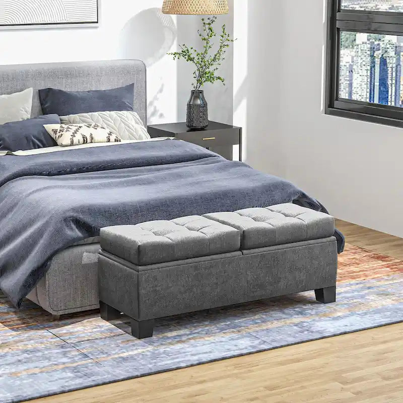 Storage Ottoman Bench, Upholstered End of Bed Bench with Steel Frame, Button Tufted Storage Bench with Safety Hinges