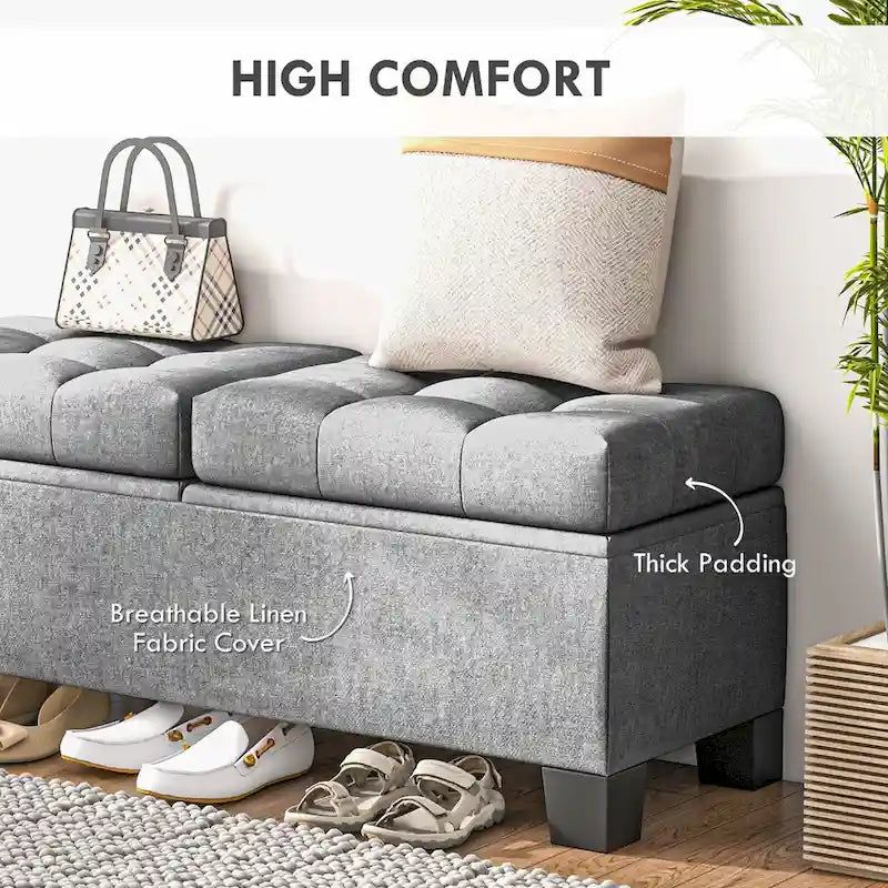 Storage Ottoman Bench, Upholstered End of Bed Bench with Steel Frame, Button Tufted Storage Bench with Safety Hinges