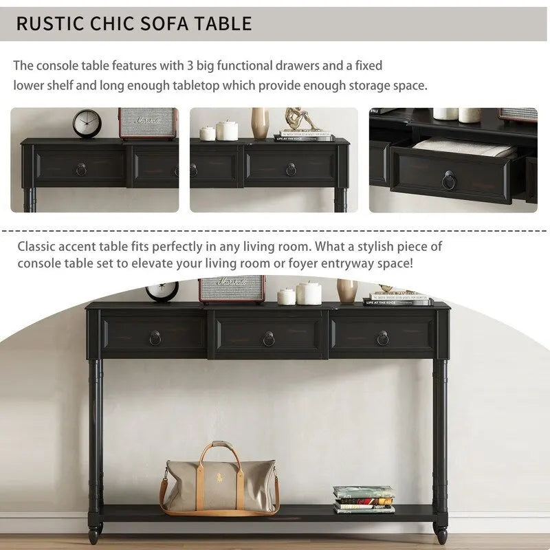 Console Table Sofa Table with Drawers for Entryway with Projecting Drawers and Long Shelf