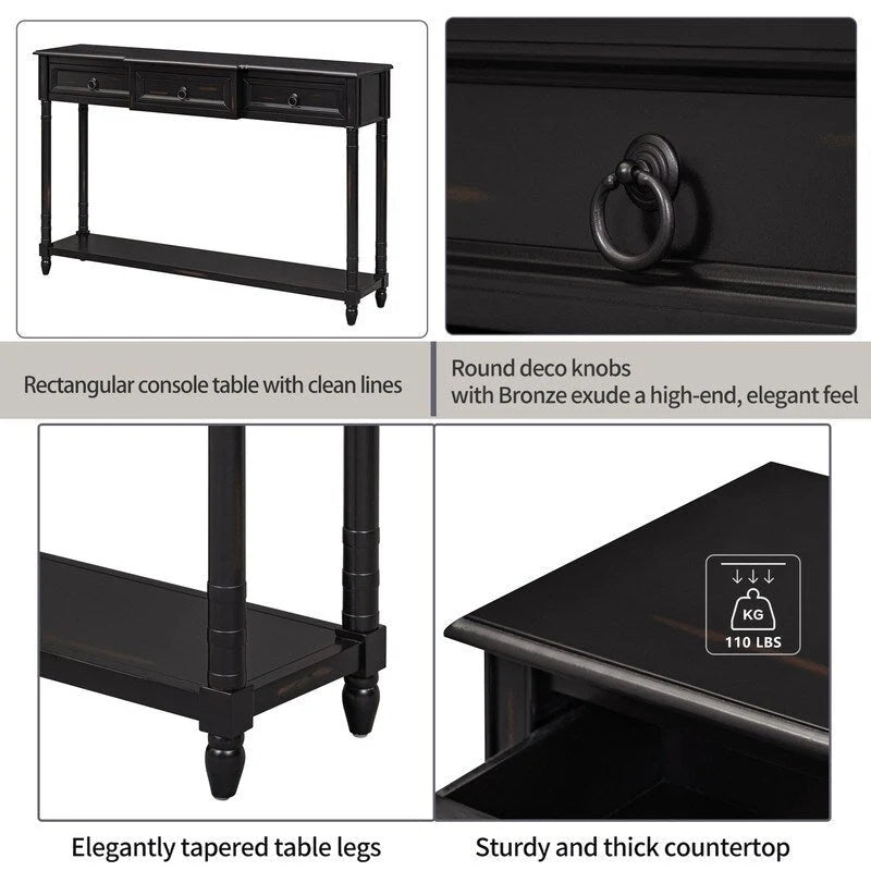 Console Table Sofa Table with Drawers for Entryway with Projecting Drawers and Long Shelf
