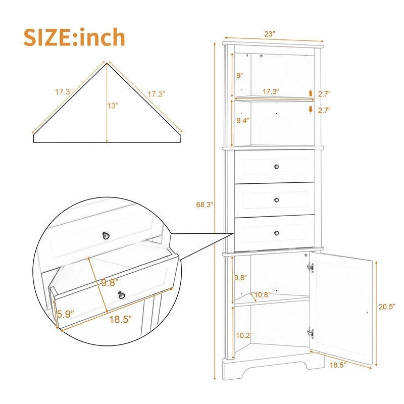 Triangle Tall Cabinet with Drawers and Adjustable Shelves
