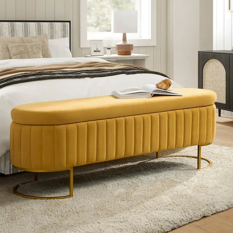 Mid-Century Modern Upholstered Storage Bench with Internal Grid and Metal Legs