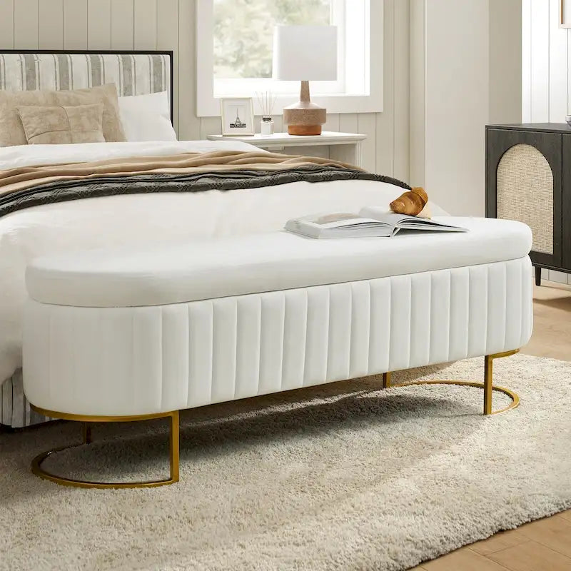 Mid-Century Modern Upholstered Storage Bench with Internal Grid and Metal Legs