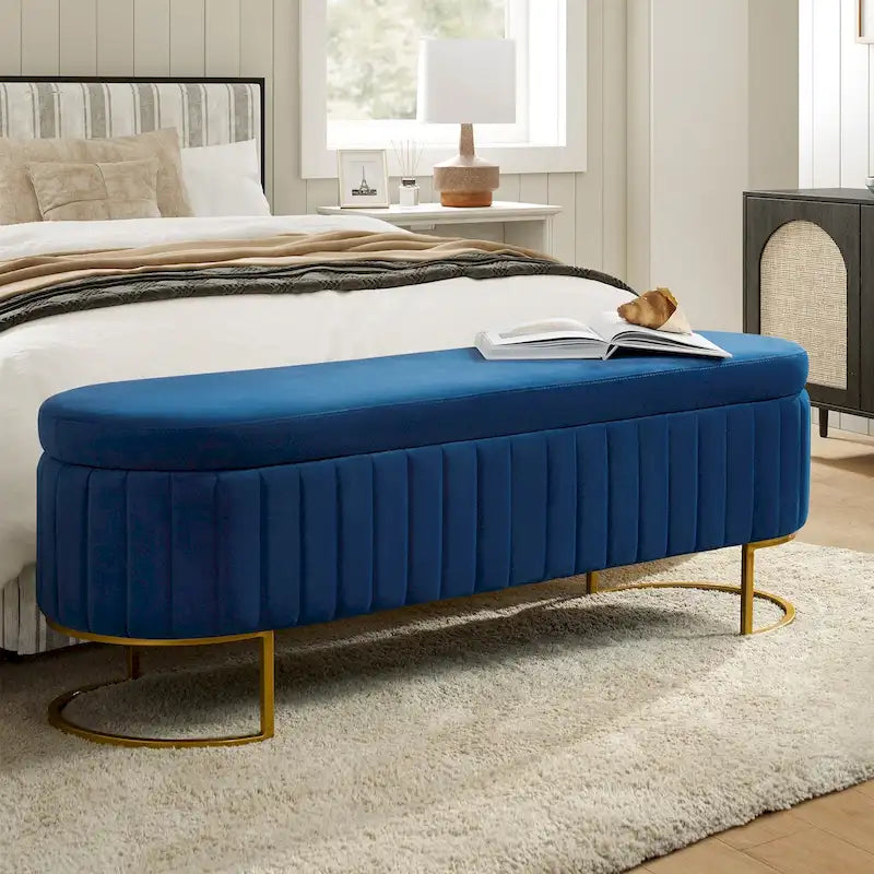Mid-Century Modern Upholstered Storage Bench with Internal Grid and Metal Legs