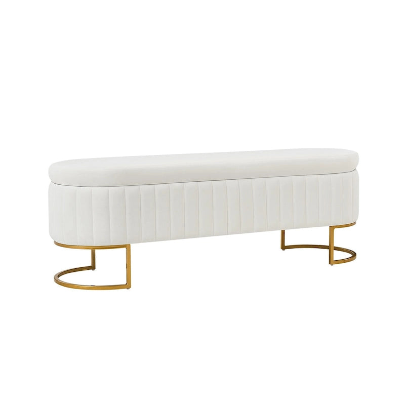 Mid-Century Modern Upholstered Storage Bench with Internal Grid and Metal Legs