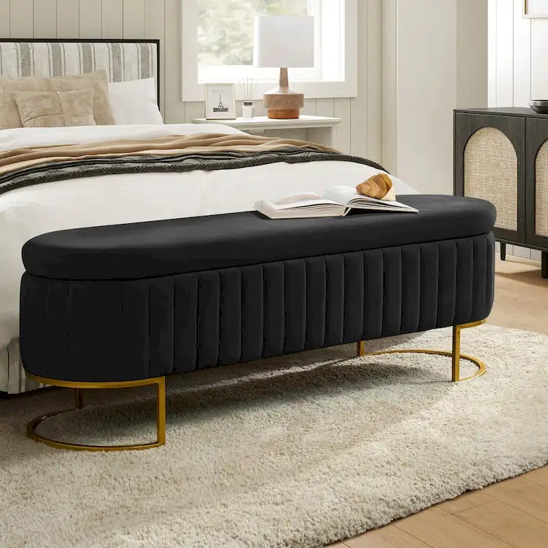 Mid-Century Modern Upholstered Storage Bench with Internal Grid and Metal Legs