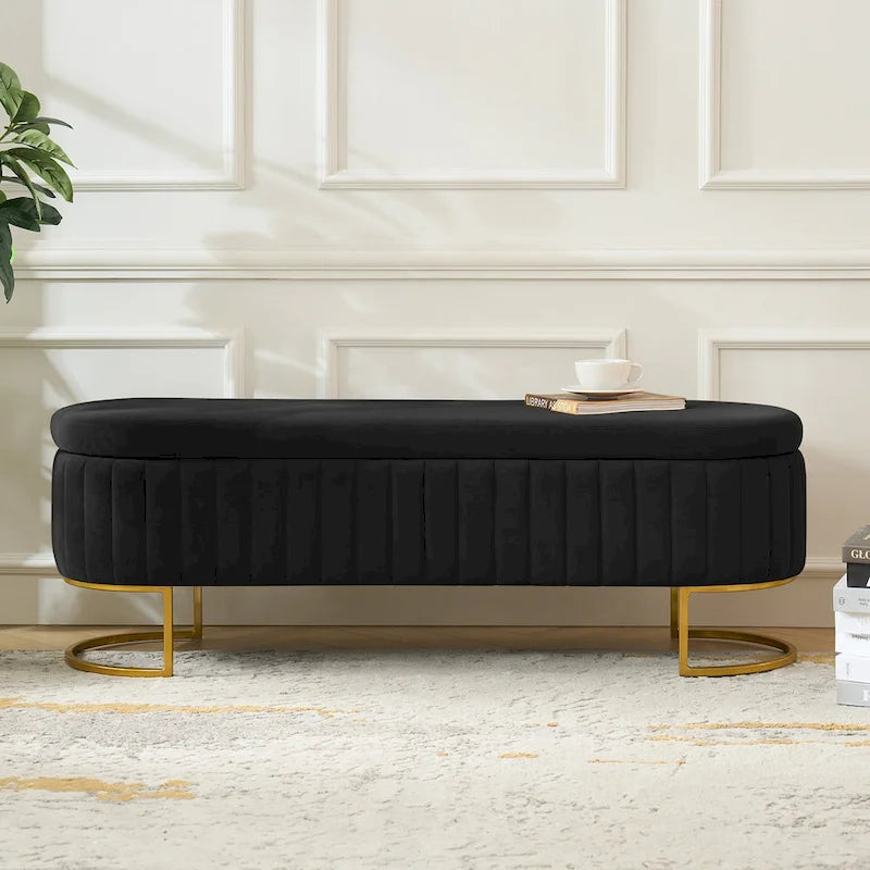 Mid-Century Modern Upholstered Storage Bench with Internal Grid and Metal Legs