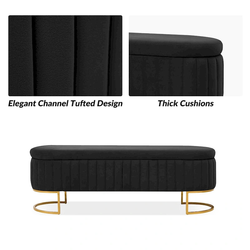 Mid-Century Modern Upholstered Storage Bench with Internal Grid and Metal Legs