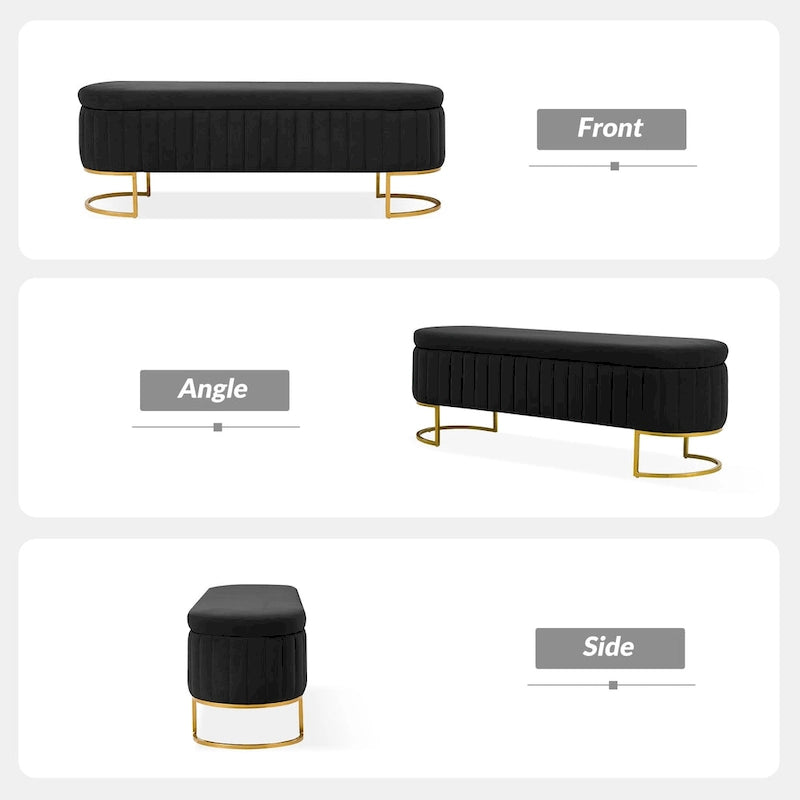 Mid-Century Modern Upholstered Storage Bench with Internal Grid and Metal Legs