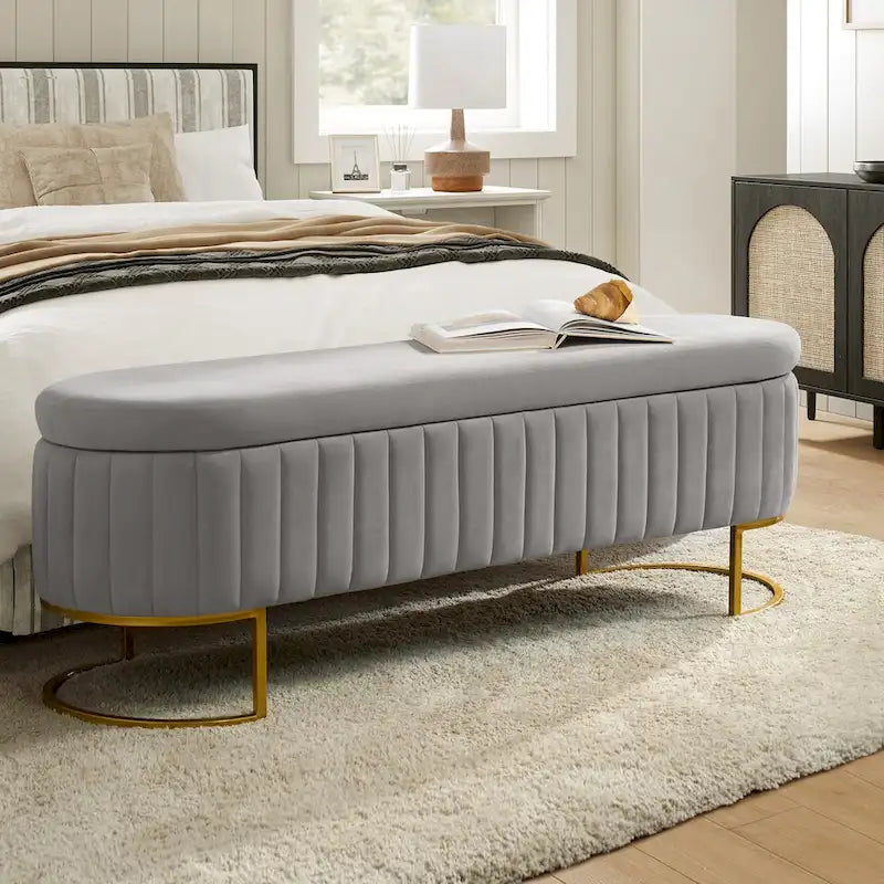 Mid-Century Modern Upholstered Storage Bench with Internal Grid and Metal Legs