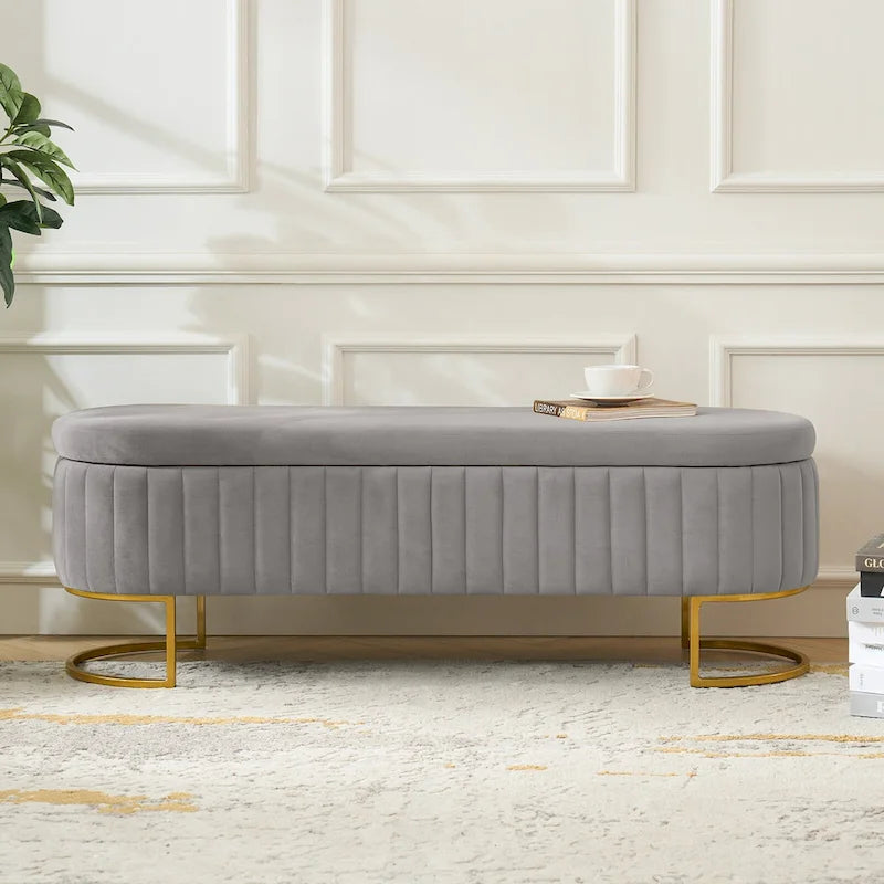 Mid-Century Modern Upholstered Storage Bench with Internal Grid and Metal Legs