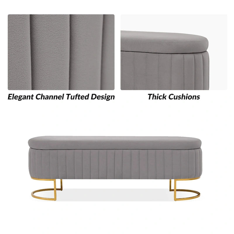 Mid-Century Modern Upholstered Storage Bench with Internal Grid and Metal Legs