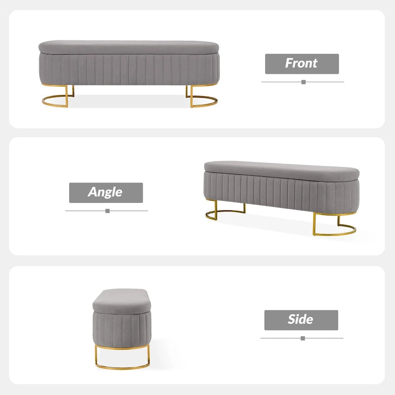 Mid-Century Modern Upholstered Storage Bench with Internal Grid and Metal Legs