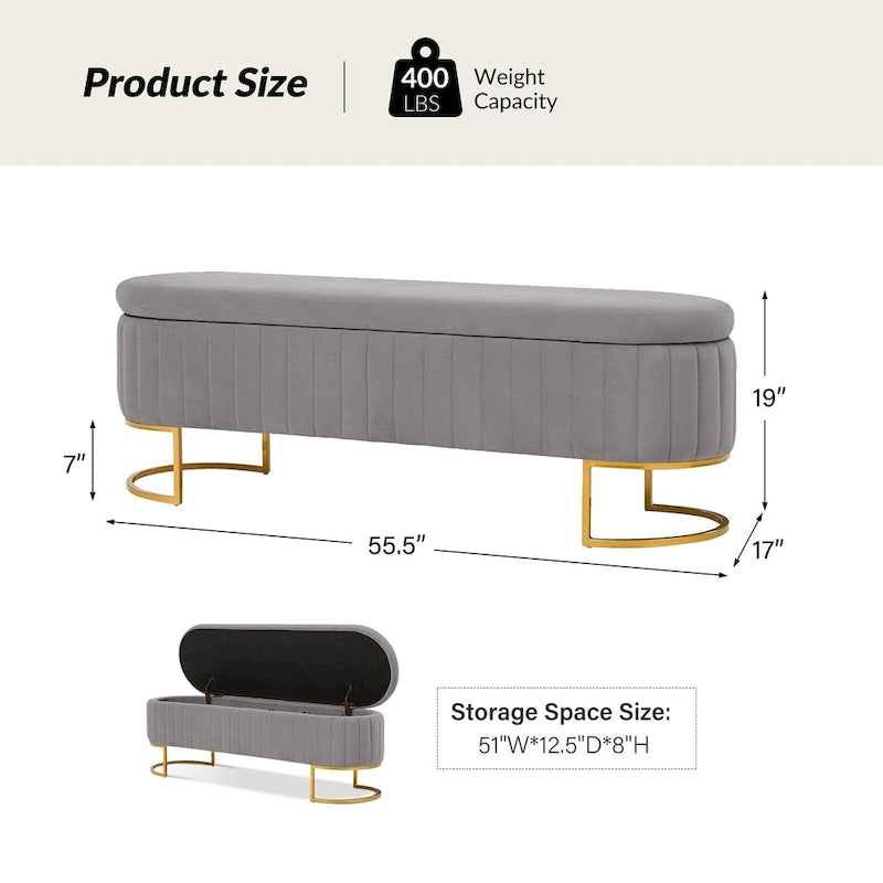 Mid-Century Modern Upholstered Storage Bench with Internal Grid and Metal Legs