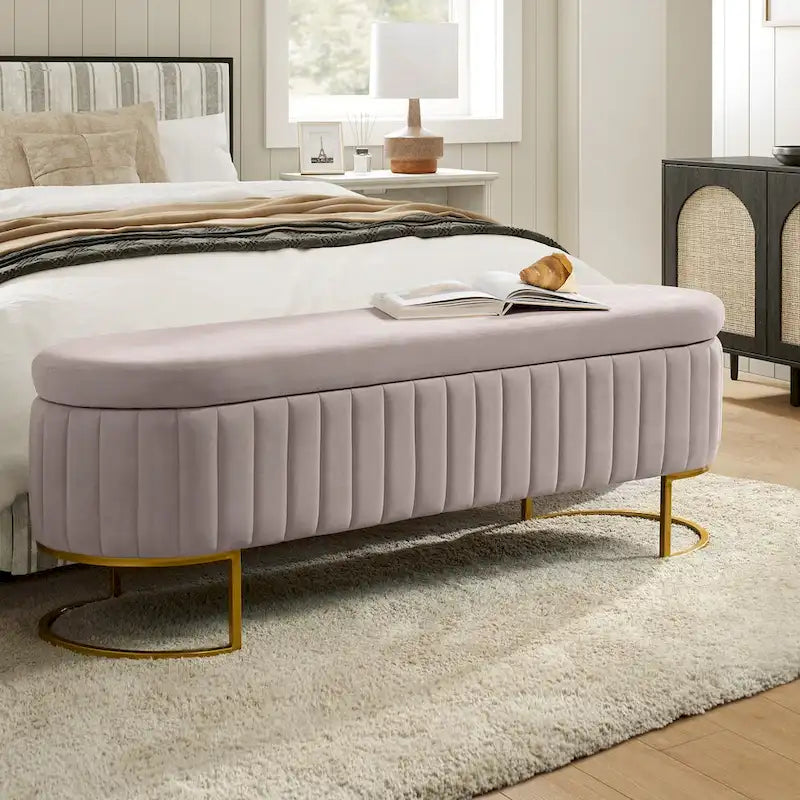 Mid-Century Modern Upholstered Storage Bench with Internal Grid and Metal Legs
