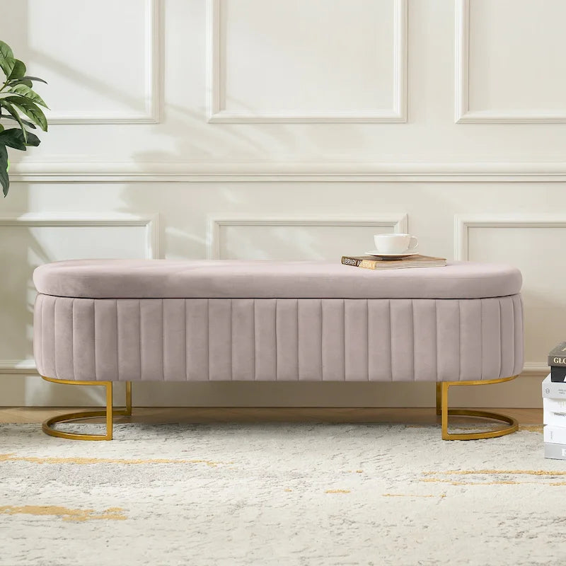 Mid-Century Modern Upholstered Storage Bench with Internal Grid and Metal Legs