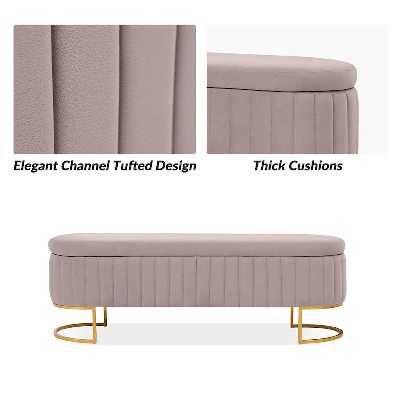 Mid-Century Modern Upholstered Storage Bench with Internal Grid and Metal Legs