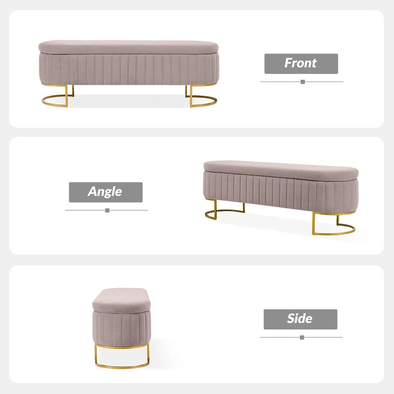 Mid-Century Modern Upholstered Storage Bench with Internal Grid and Metal Legs