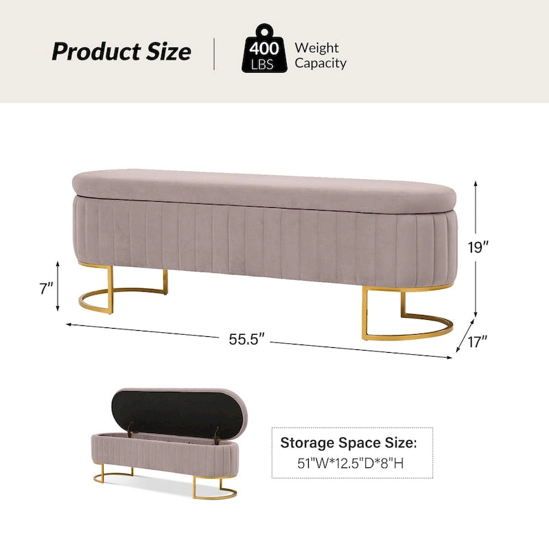 Mid-Century Modern Upholstered Storage Bench with Internal Grid and Metal Legs