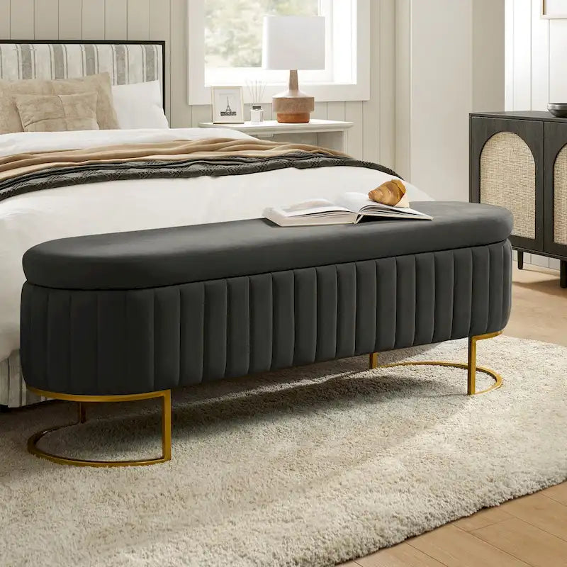 Mid-Century Modern Upholstered Storage Bench with Internal Grid and Metal Legs
