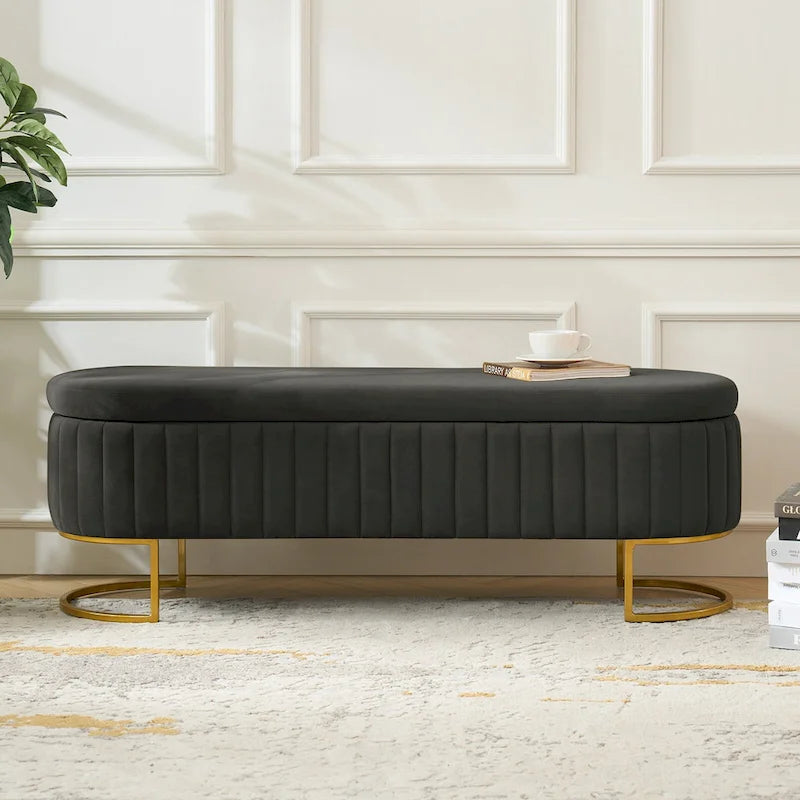 Mid-Century Modern Upholstered Storage Bench with Internal Grid and Metal Legs