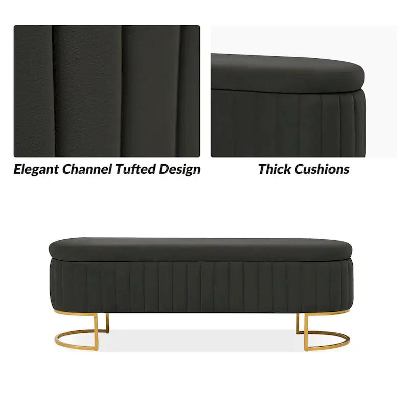 Mid-Century Modern Upholstered Storage Bench with Internal Grid and Metal Legs