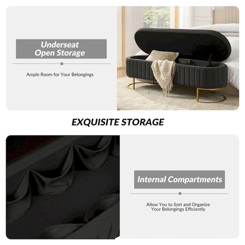 Mid-Century Modern Upholstered Storage Bench with Internal Grid and Metal Legs