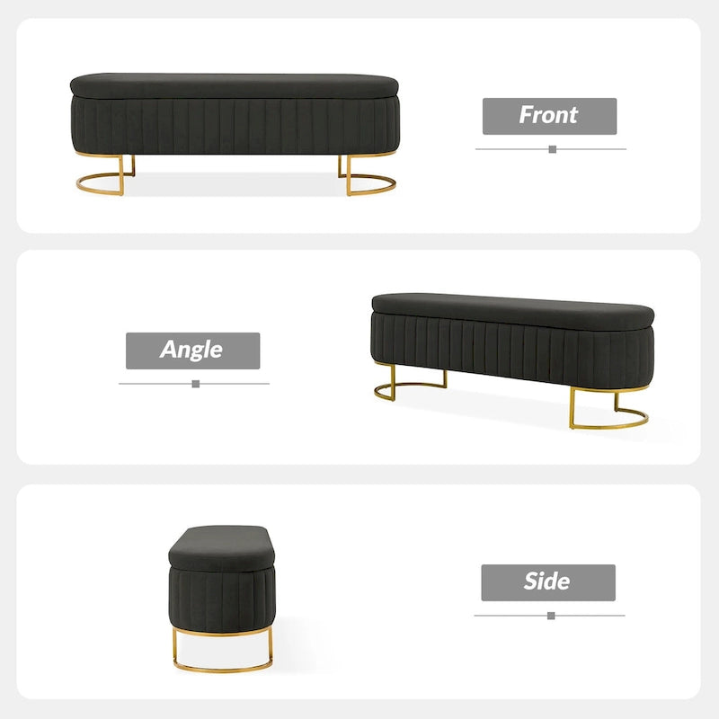Mid-Century Modern Upholstered Storage Bench with Internal Grid and Metal Legs