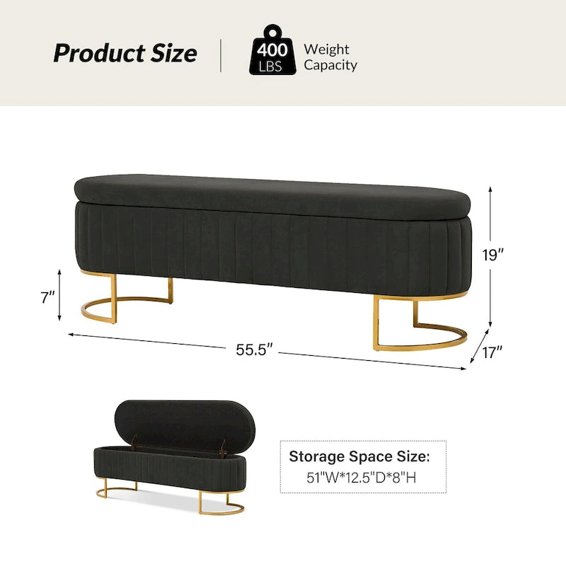 Mid-Century Modern Upholstered Storage Bench with Internal Grid and Metal Legs